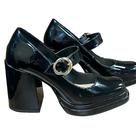 Steve Madden Shoes - Steve Madden Goth Y2K Black Patent Platform Mary Jane Block Heel Pumps Womens 9M